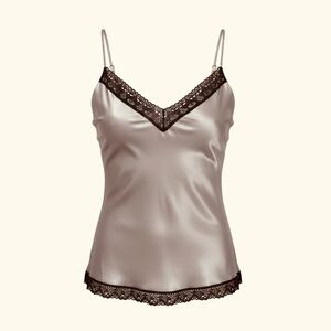 Lace-Trim Satin Chemise Cami in Taupe and Black